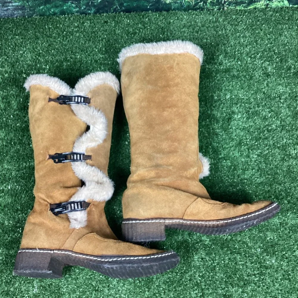Vintage Tan Leather Tall Hook Latch Winter Boots 10.5